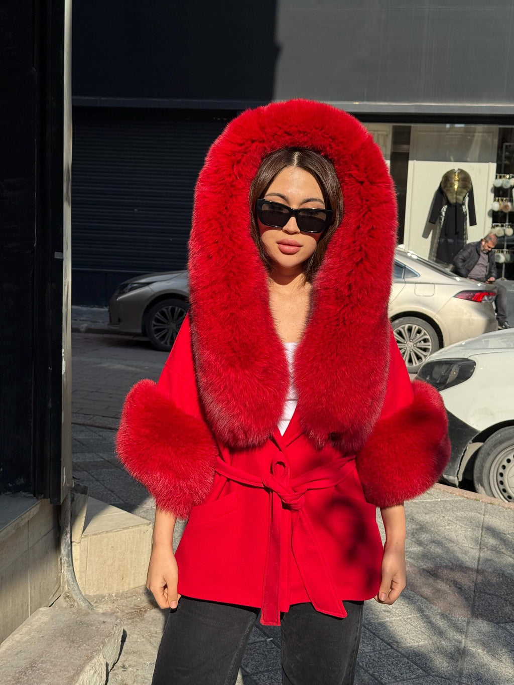 Red Cashmere Coat, Hood Cuffs Huge Fox Fur Jacket, Red Fox Fur Jacket..- Women Fox Fur Jacket.. Fox Fur.. Red Christmas Coat