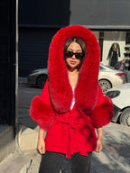 Red Cashmere Coat, Hood Cuffs Huge Fox Fur Jacket, Red Fox Fur Jacket..- Women Fox Fur Jacket.. Fox Fur.. Red Christmas Coat