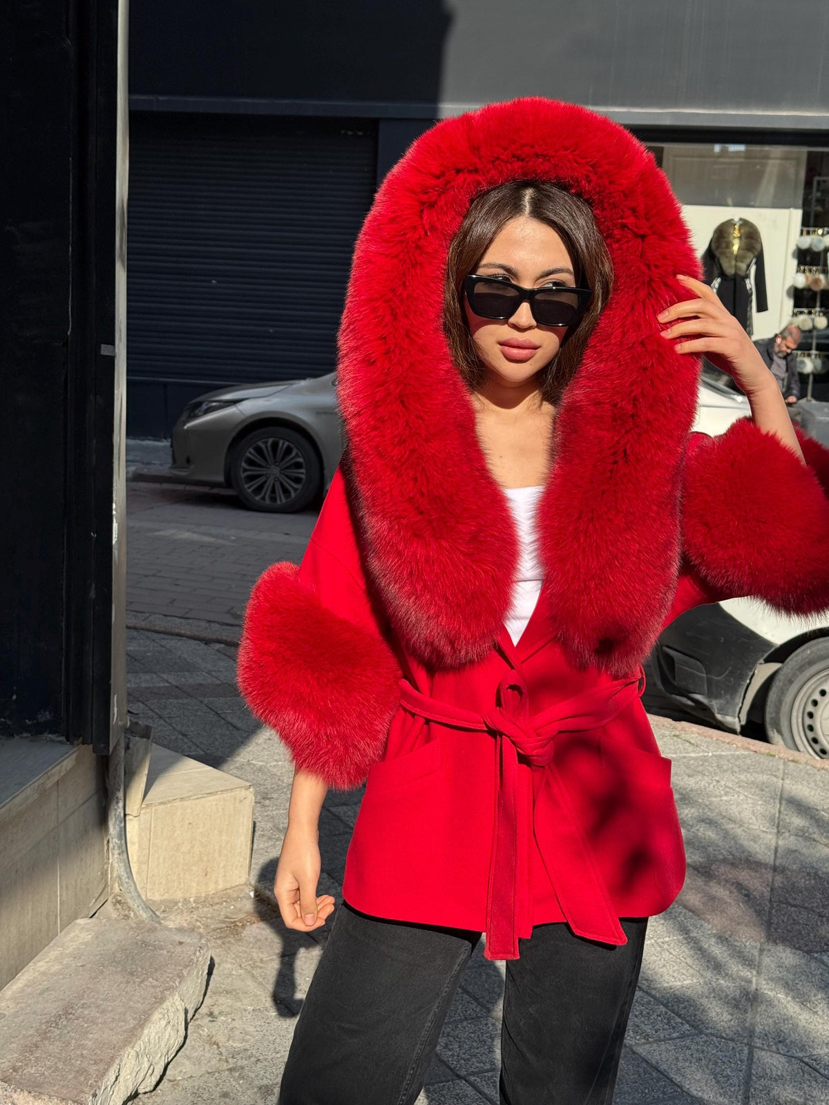 Red Cashmere Coat, Hood Cuffs Huge Fox Fur Jacket, Red Fox Fur Jacket..- Women Fox Fur Jacket.. Fox Fur.. Red Christmas Coat
