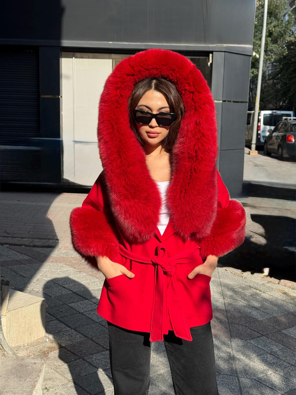 Red Cashmere Coat, Hood Cuffs Huge Fox Fur Jacket, Red Fox Fur Jacket..- Women Fox Fur Jacket.. Fox Fur.. Red Christmas Coat