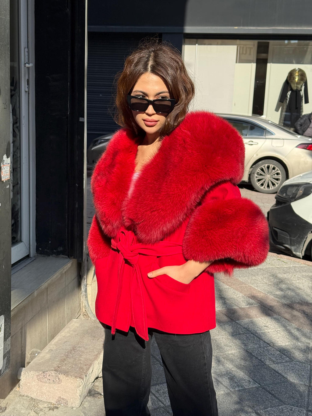 Red Cashmere Coat, Hood Cuffs Huge Fox Fur Jacket, Red Fox Fur Jacket..- Women Fox Fur Jacket.. Fox Fur.. Red Christmas Coat