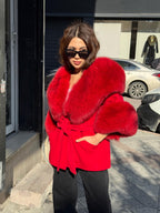 Red Cashmere Coat, Hood Cuffs Huge Fox Fur Jacket, Red Fox Fur Jacket..- Women Fox Fur Jacket.. Fox Fur.. Red Christmas Coat