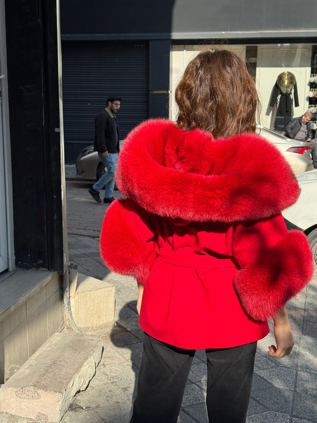 Red Cashmere Coat, Hood Cuffs Huge Fox Fur Jacket, Red Fox Fur Jacket..- Women Fox Fur Jacket.. Fox Fur.. Red Christmas Coat