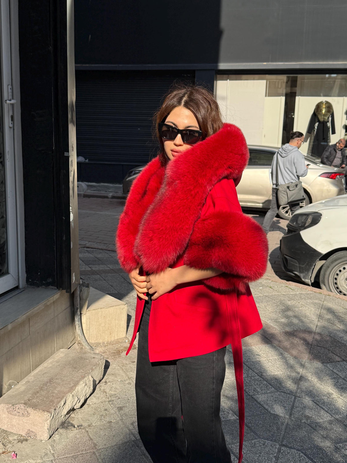 Red Cashmere Coat, Hood Cuffs Huge Fox Fur Jacket, Red Fox Fur Jacket..- Women Fox Fur Jacket.. Fox Fur.. Red Christmas Coat