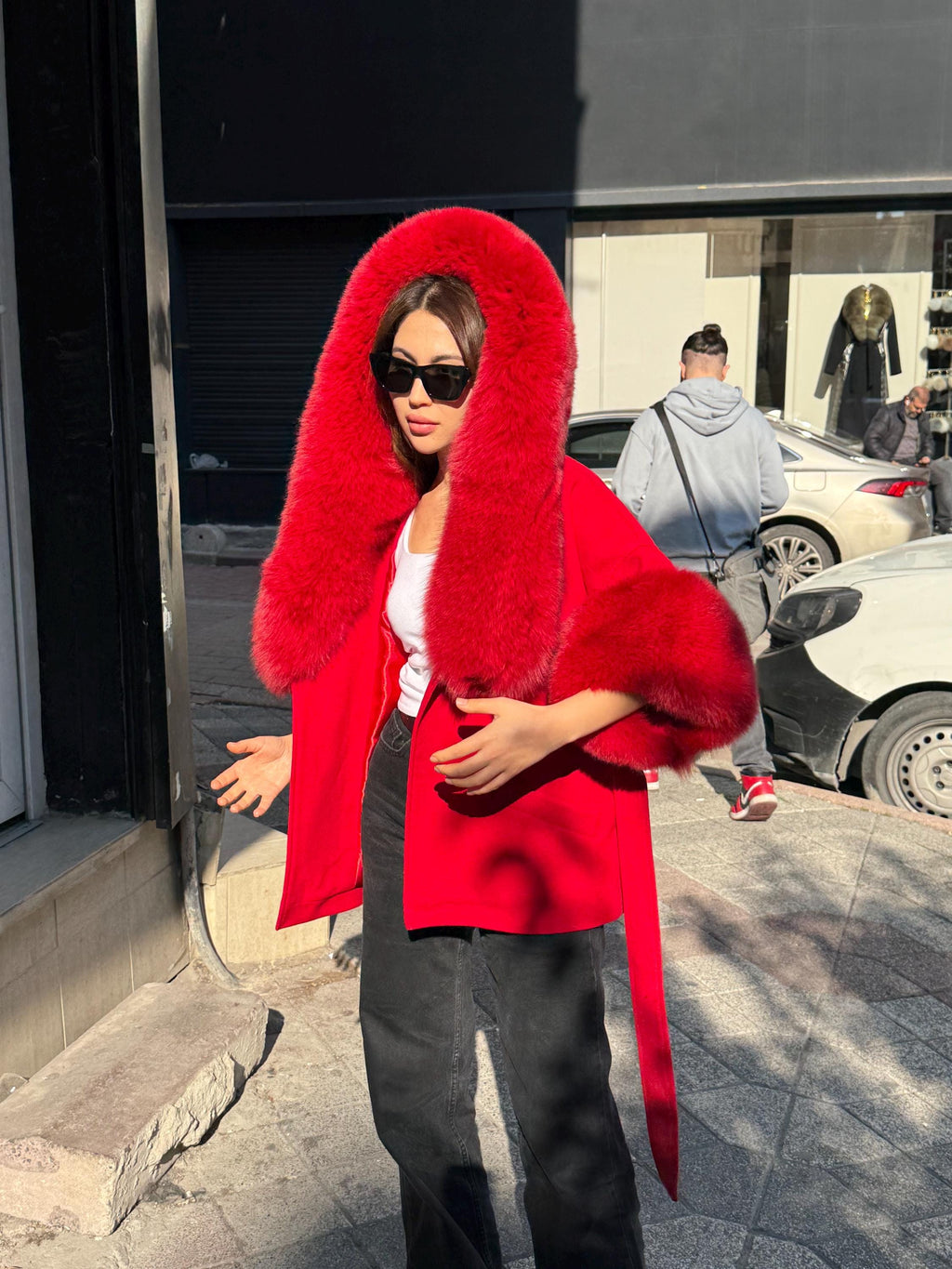 Red Cashmere Coat, Hood Cuffs Huge Fox Fur Jacket, Red Fox Fur Jacket..- Women Fox Fur Jacket.. Fox Fur.. Red Christmas Coat