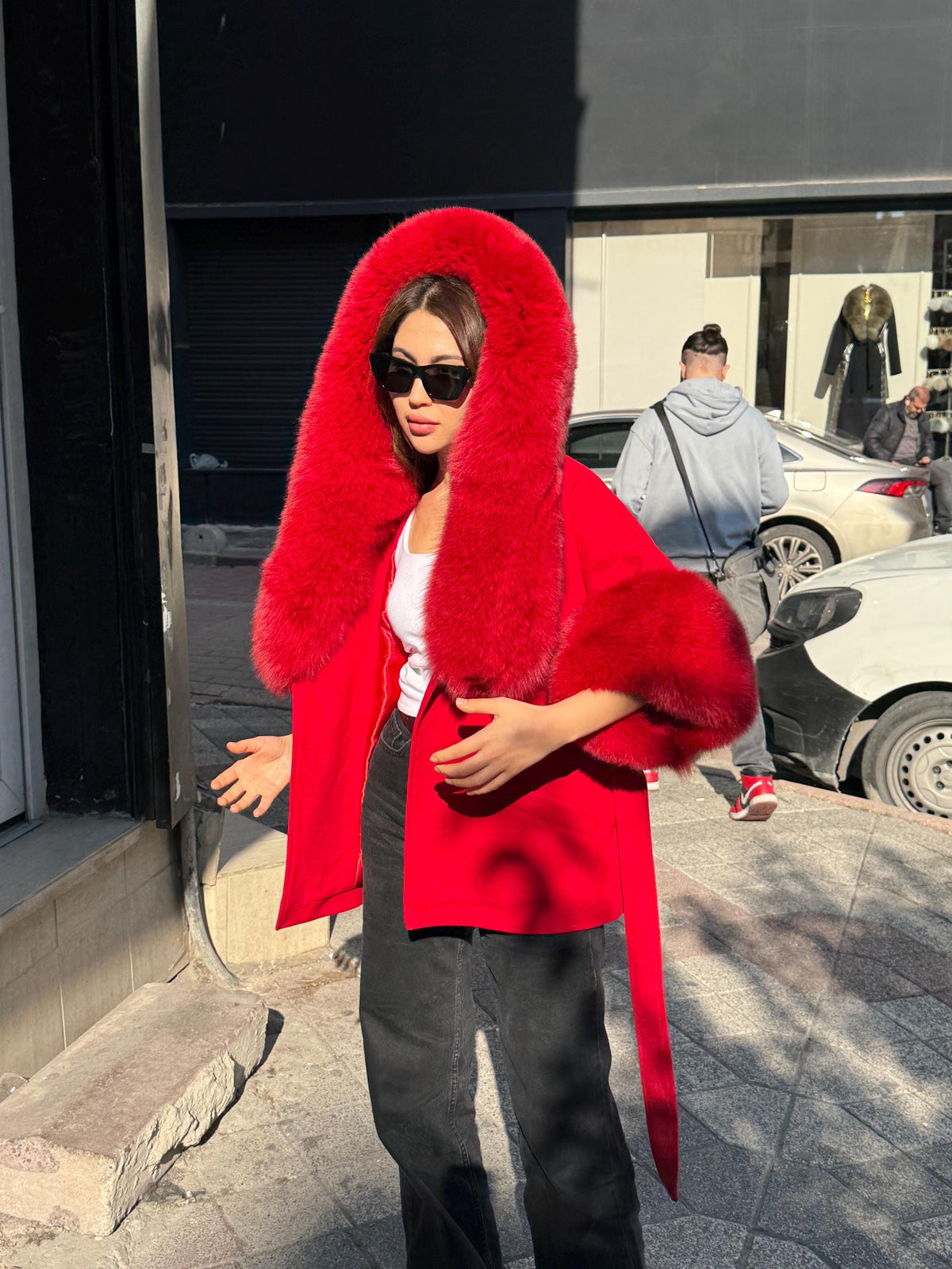 Red Cashmere Coat, Hood Cuffs Huge Fox Fur Jacket, Red Fox Fur Jacket..- Women Fox Fur Jacket.. Fox Fur.. Red Christmas Coat