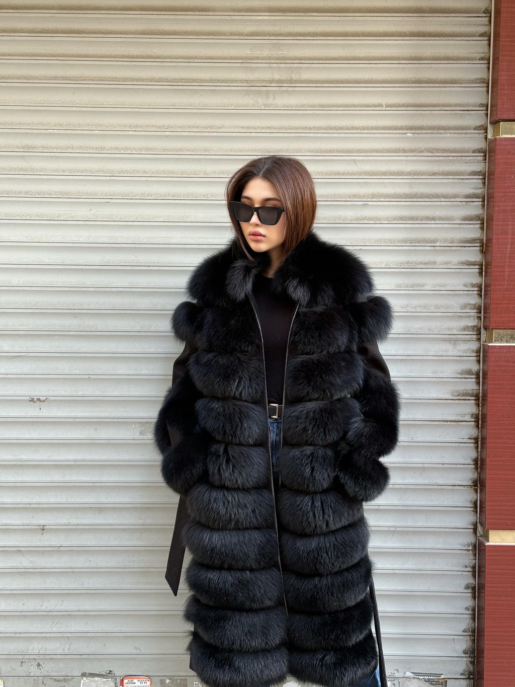 Long Black Fox Fur Jacket, Black Cashmere Coat.- Women Fox Fur Jacket..- Front Fox Fur Coat… Fox Fur