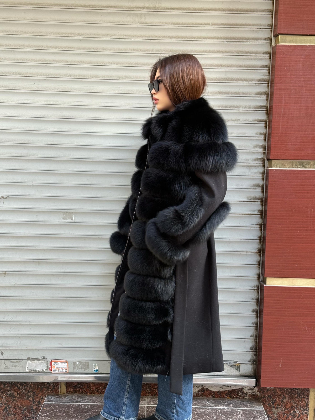 Long Black Fox Fur Jacket, Black Cashmere Coat.- Women Fox Fur Jacket..- Front Fox Fur Coat… Fox Fur