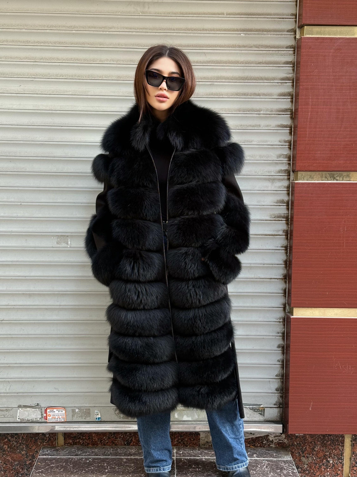 Long Black Fox Fur Jacket, Black Cashmere Coat.- Women Fox Fur Jacket..- Front Fox Fur Coat… Fox Fur
