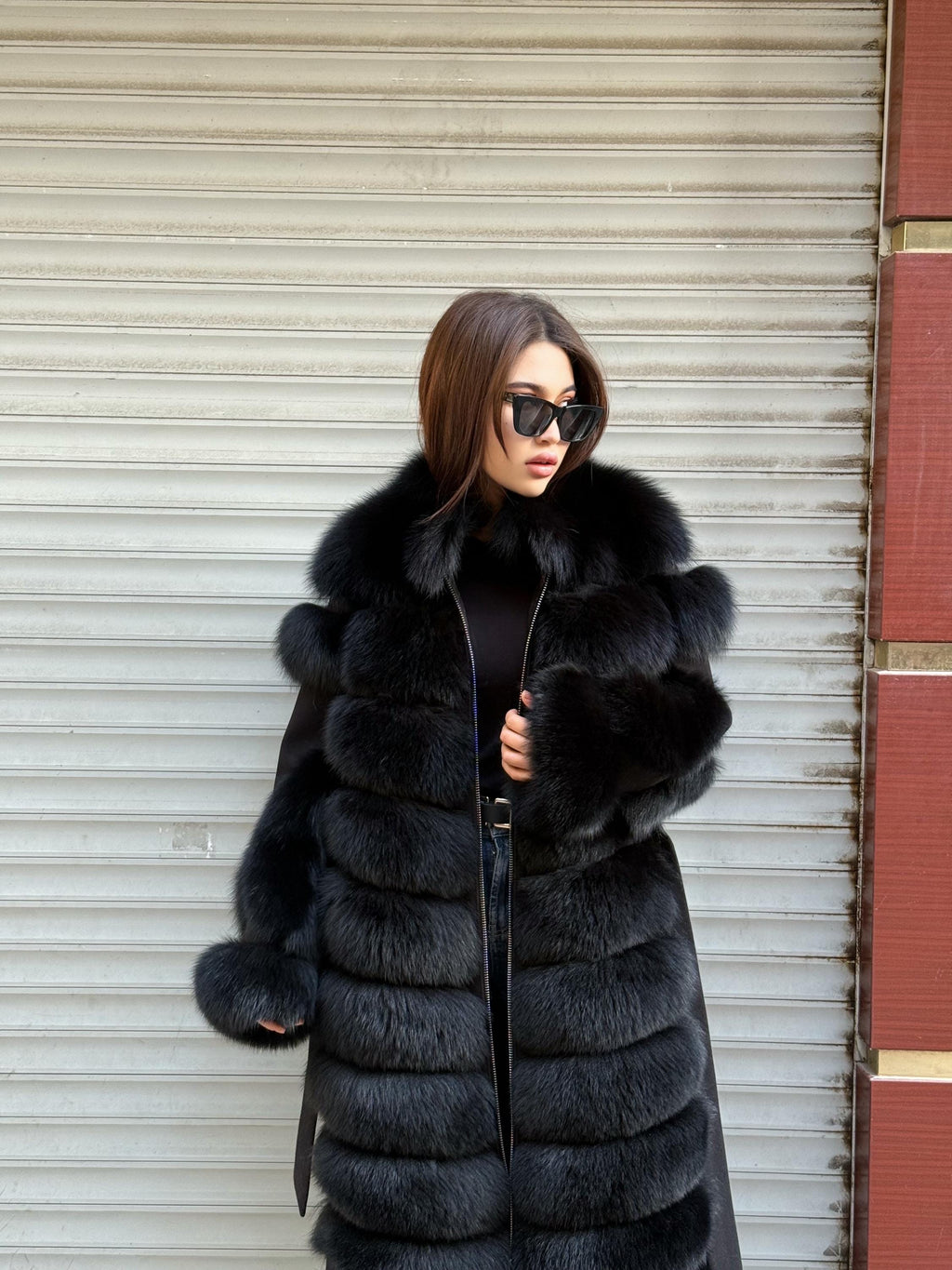Long Black Fox Fur Jacket, Black Cashmere Coat.- Women Fox Fur Jacket..- Front Fox Fur Coat… Fox Fur
