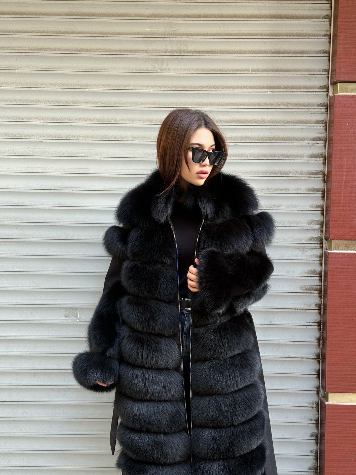 Long Black Fox Fur Jacket, Black Cashmere Coat.- Women Fox Fur Jacket..- Front Fox Fur Coat… Fox Fur