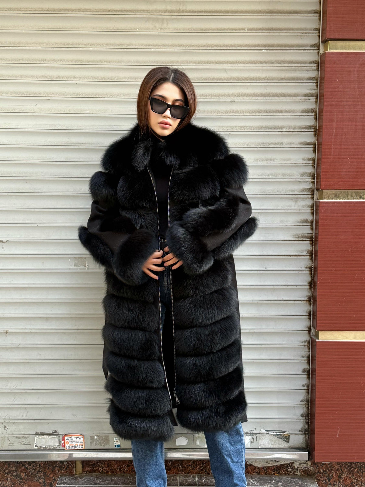 Long Black Fox Fur Jacket, Black Cashmere Coat.- Women Fox Fur Jacket..- Front Fox Fur Coat… Fox Fur