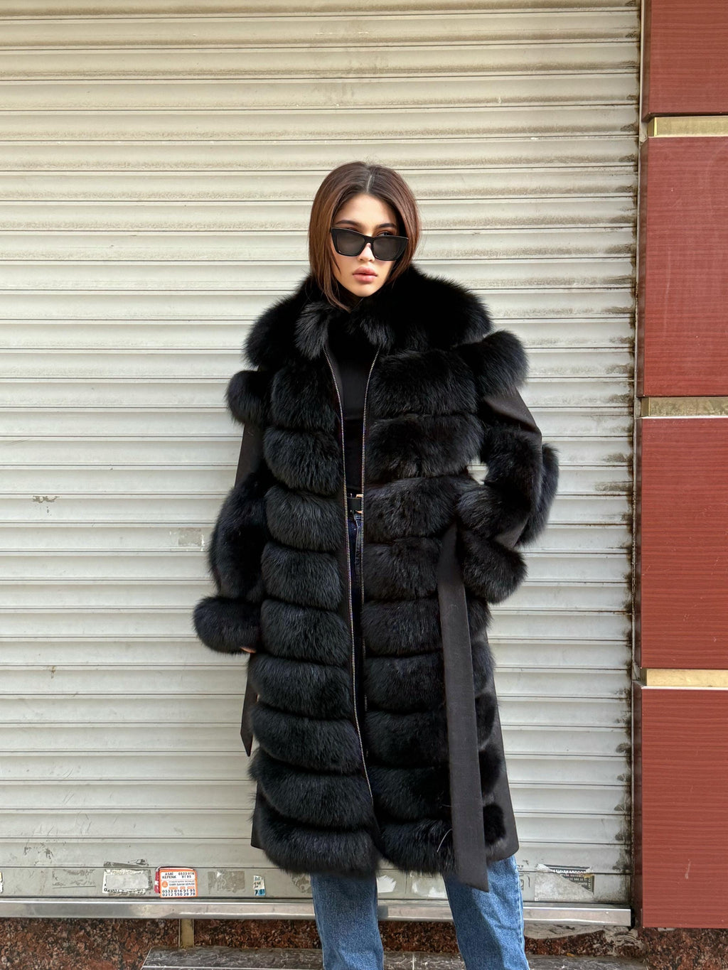 Long Black Fox Fur Jacket, Black Cashmere Coat.- Women Fox Fur Jacket..- Front Fox Fur Coat… Fox Fur