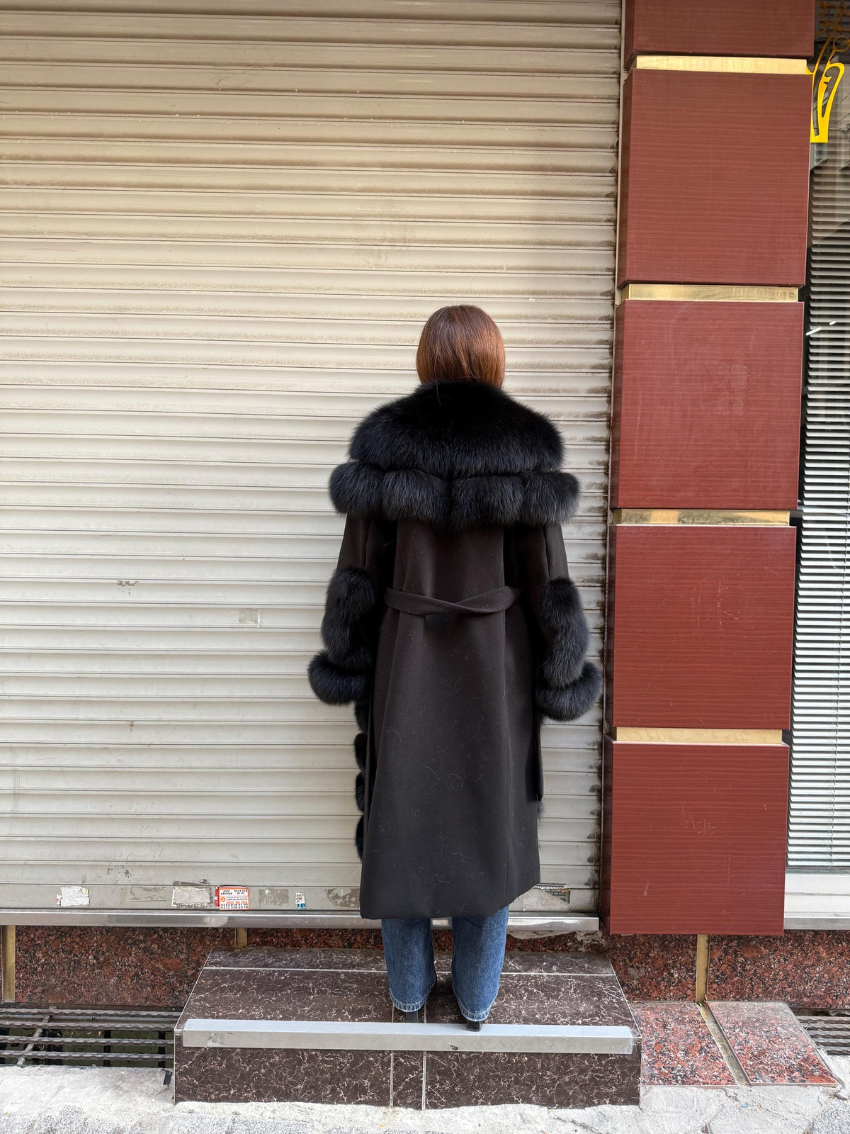 Long Black Fox Fur Jacket, Black Cashmere Coat.- Women Fox Fur Jacket..- Front Fox Fur Coat… Fox Fur