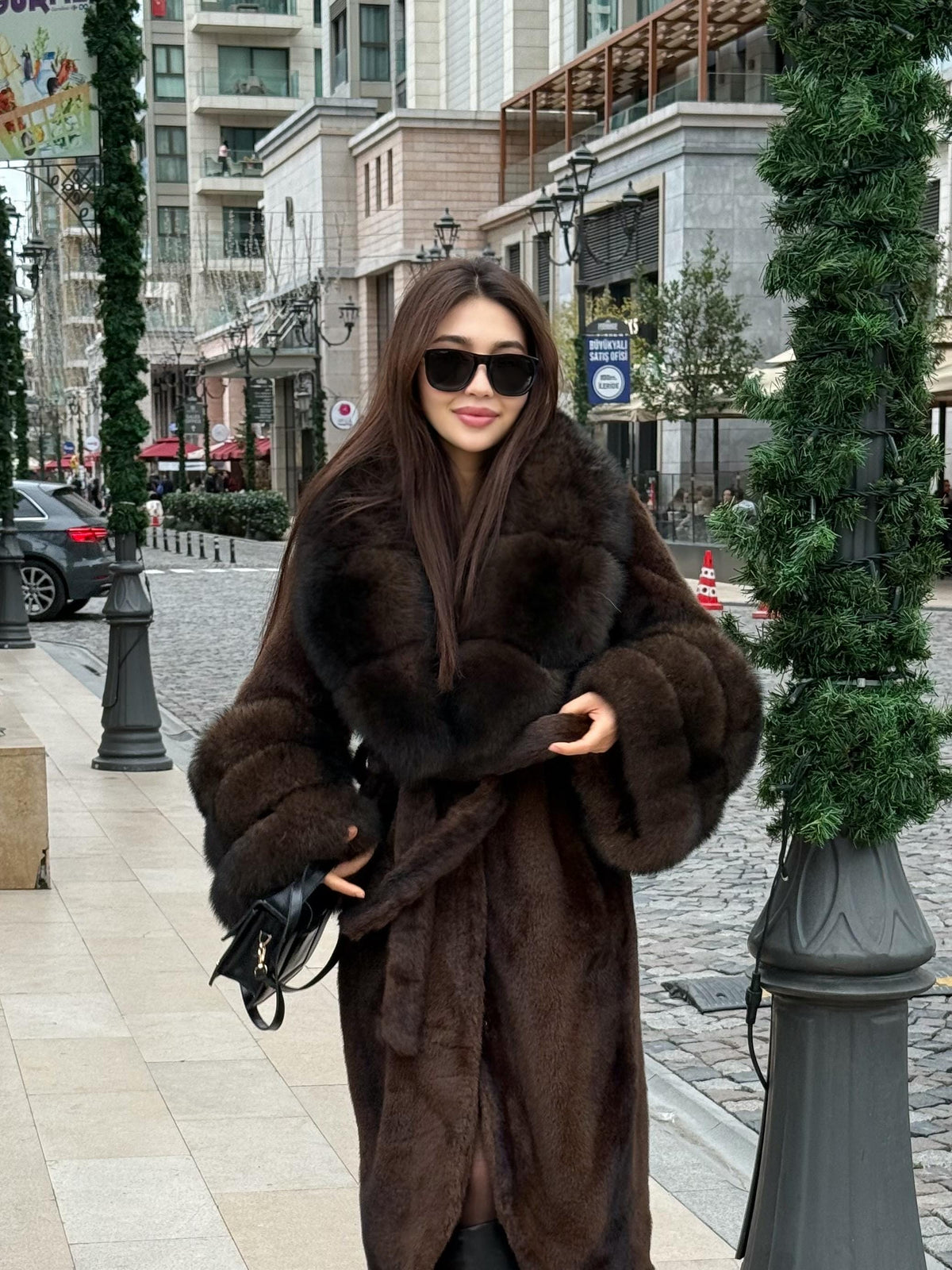 Luxury Women’s Long Brown Faux Mink Coat with Genuine Fox Fur Collar & Cuffs | Sable Fox Fur Jacket