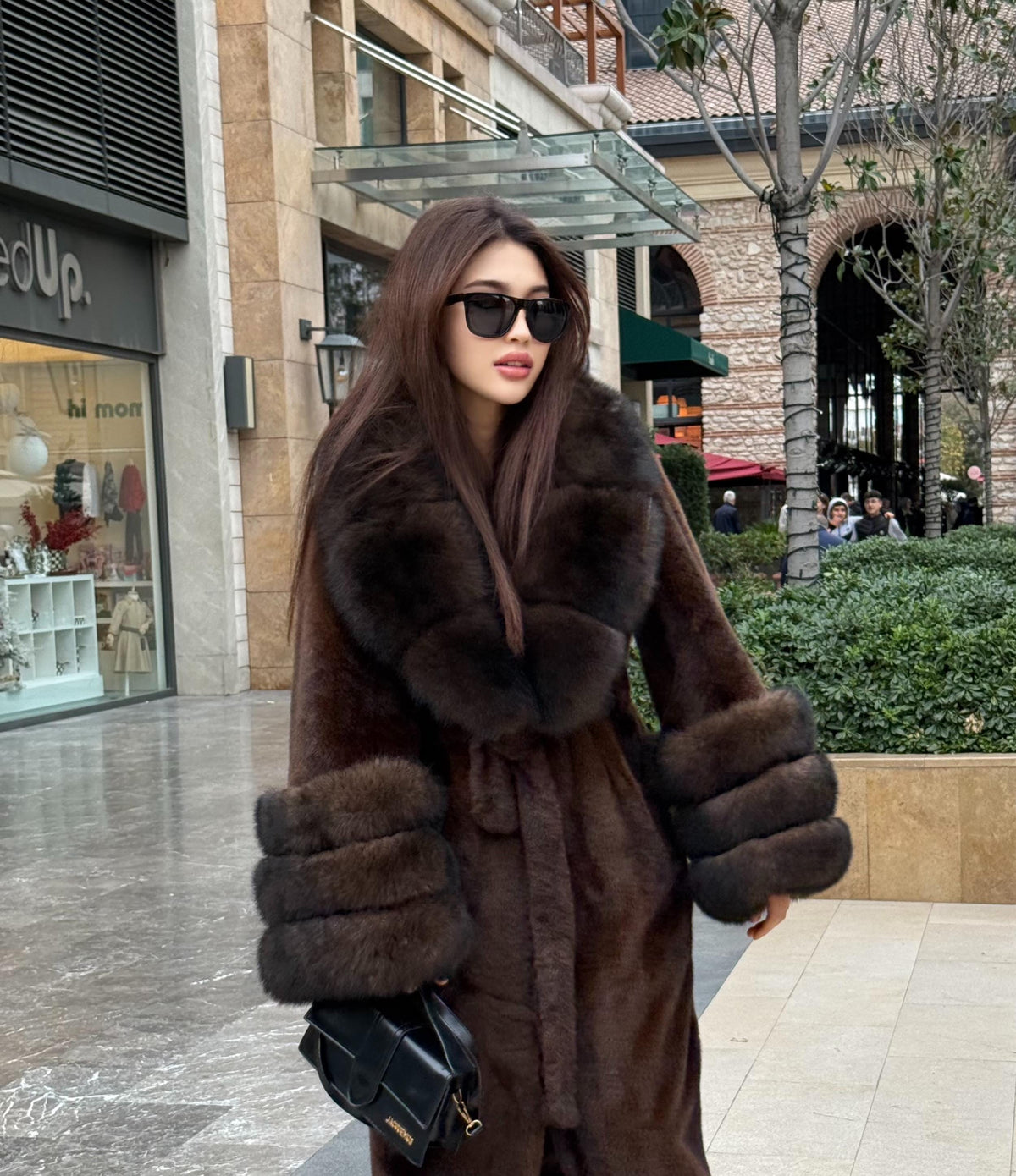 Luxury Women’s Long Brown Faux Mink Coat with Genuine Fox Fur Collar & Cuffs | Sable Fox Fur Jacket