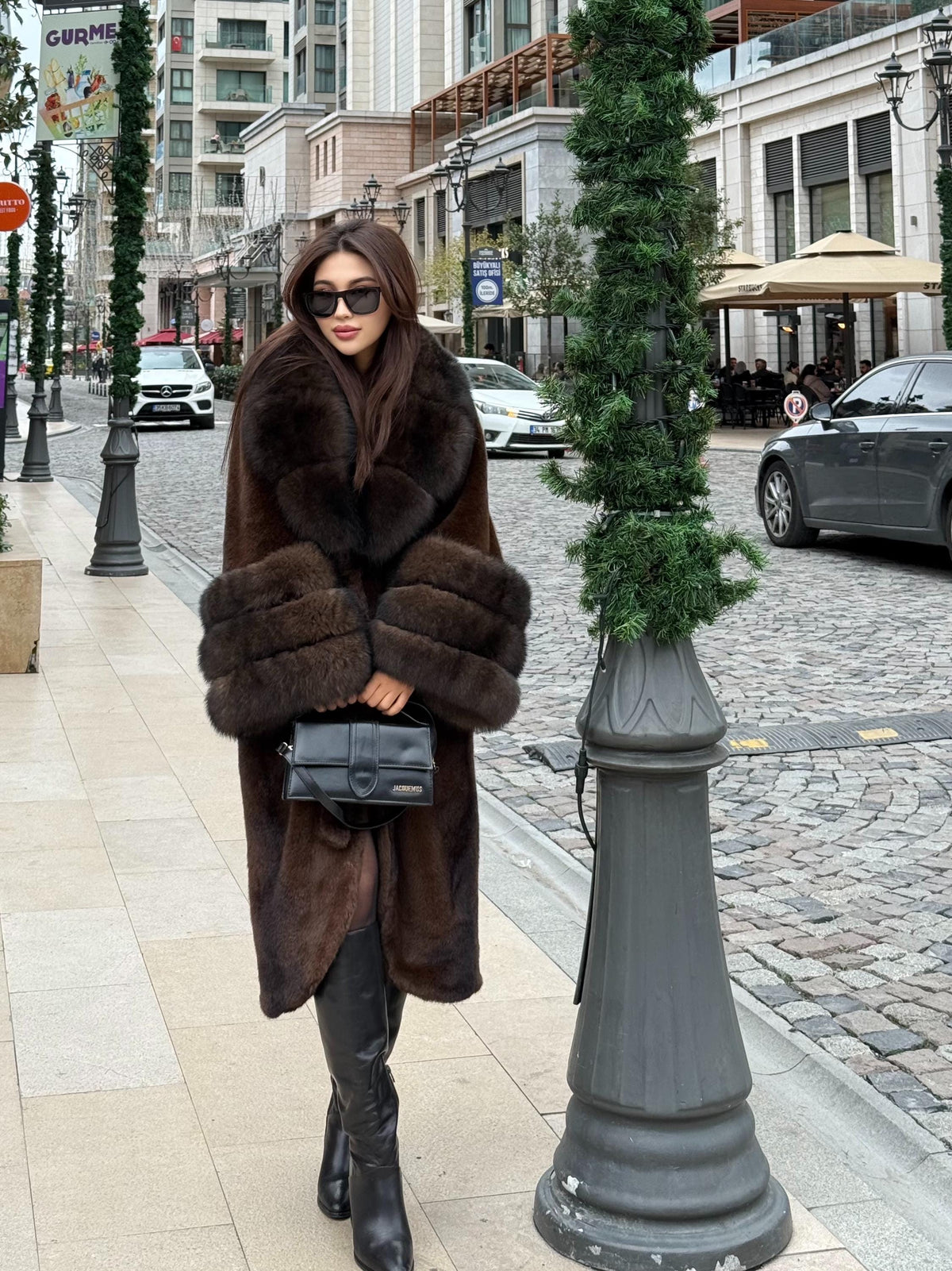 Luxury Women’s Long Brown Faux Mink Coat with Genuine Fox Fur Collar & Cuffs | Sable Fox Fur Jacket