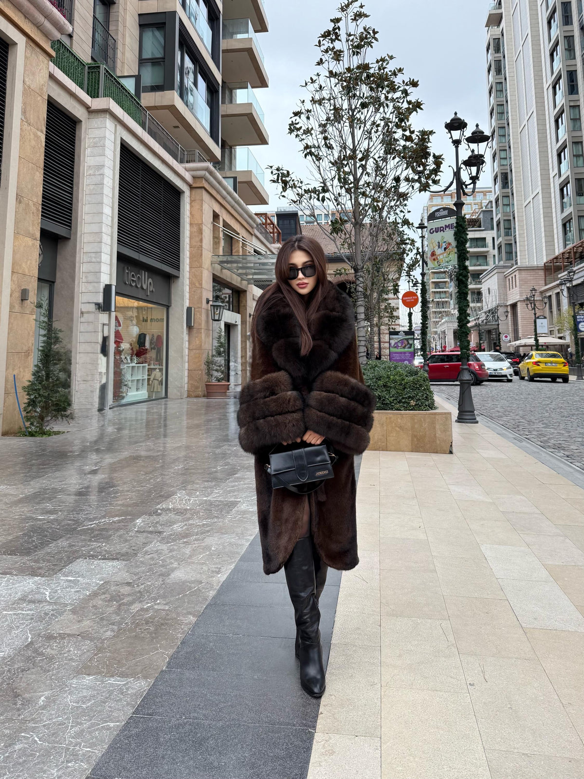 Luxury Women’s Long Brown Faux Mink Coat with Genuine Fox Fur Collar & Cuffs | Sable Fox Fur Jacket