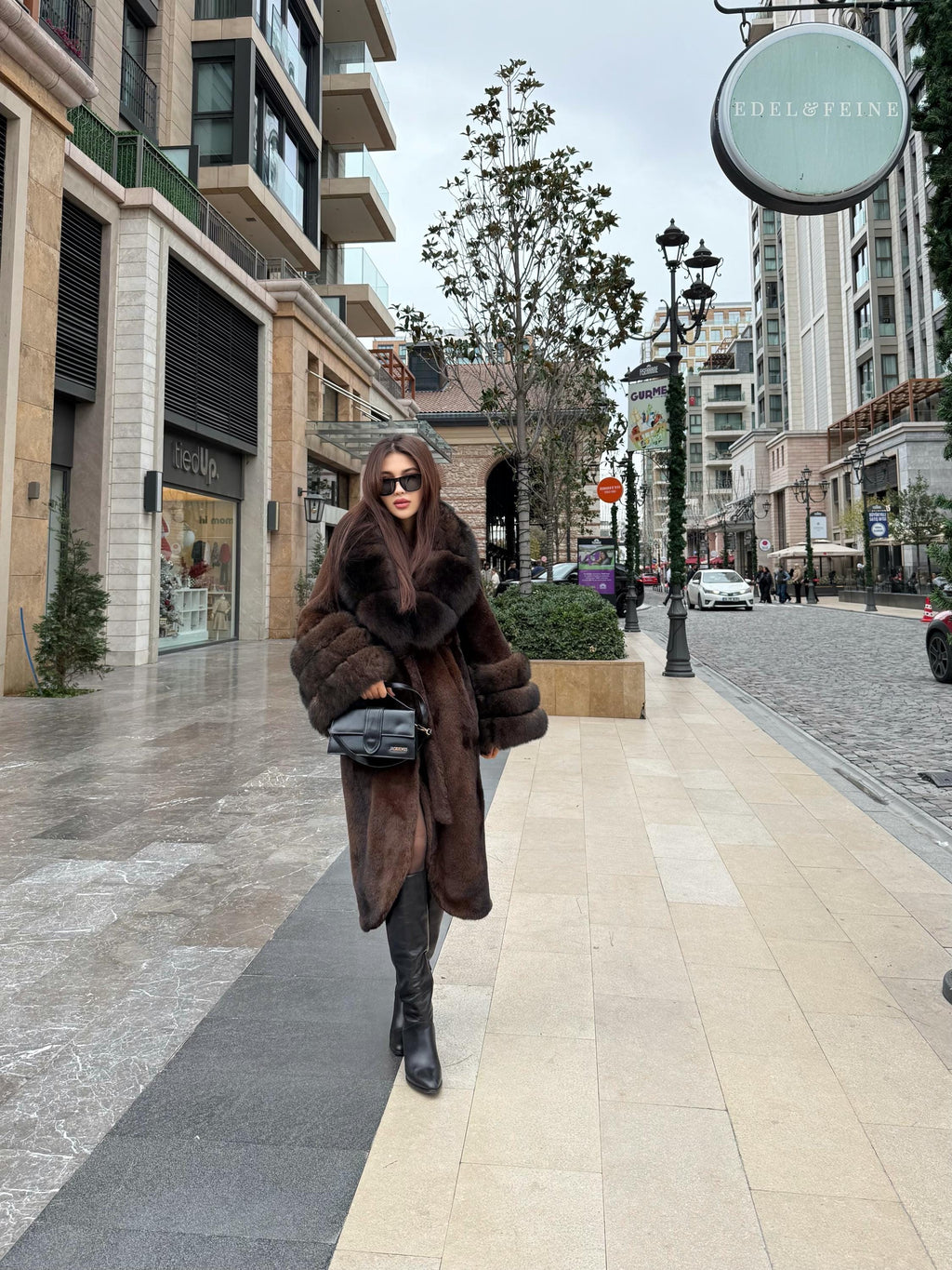 Luxury Women’s Long Brown Faux Mink Coat with Genuine Fox Fur Collar & Cuffs | Sable Fox Fur Jacket