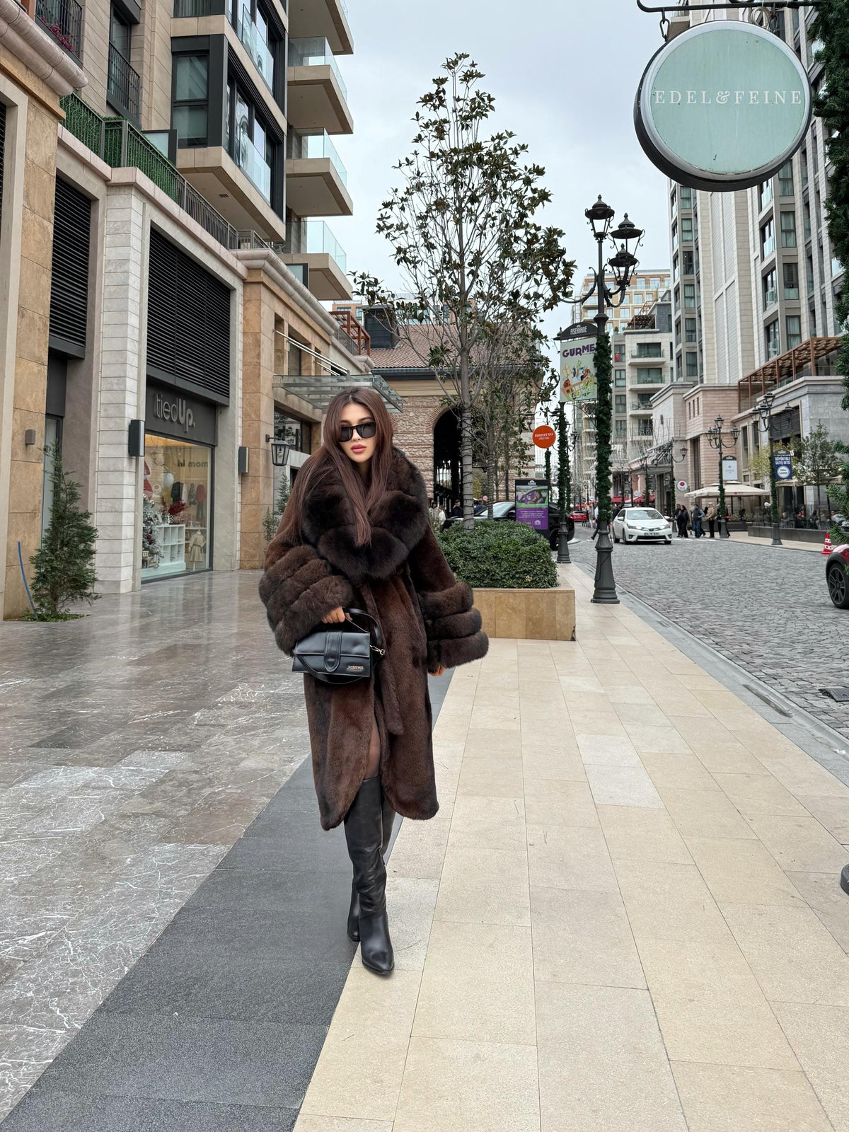 Luxury Women’s Long Brown Faux Mink Coat with Genuine Fox Fur Collar & Cuffs | Sable Fox Fur Jacket
