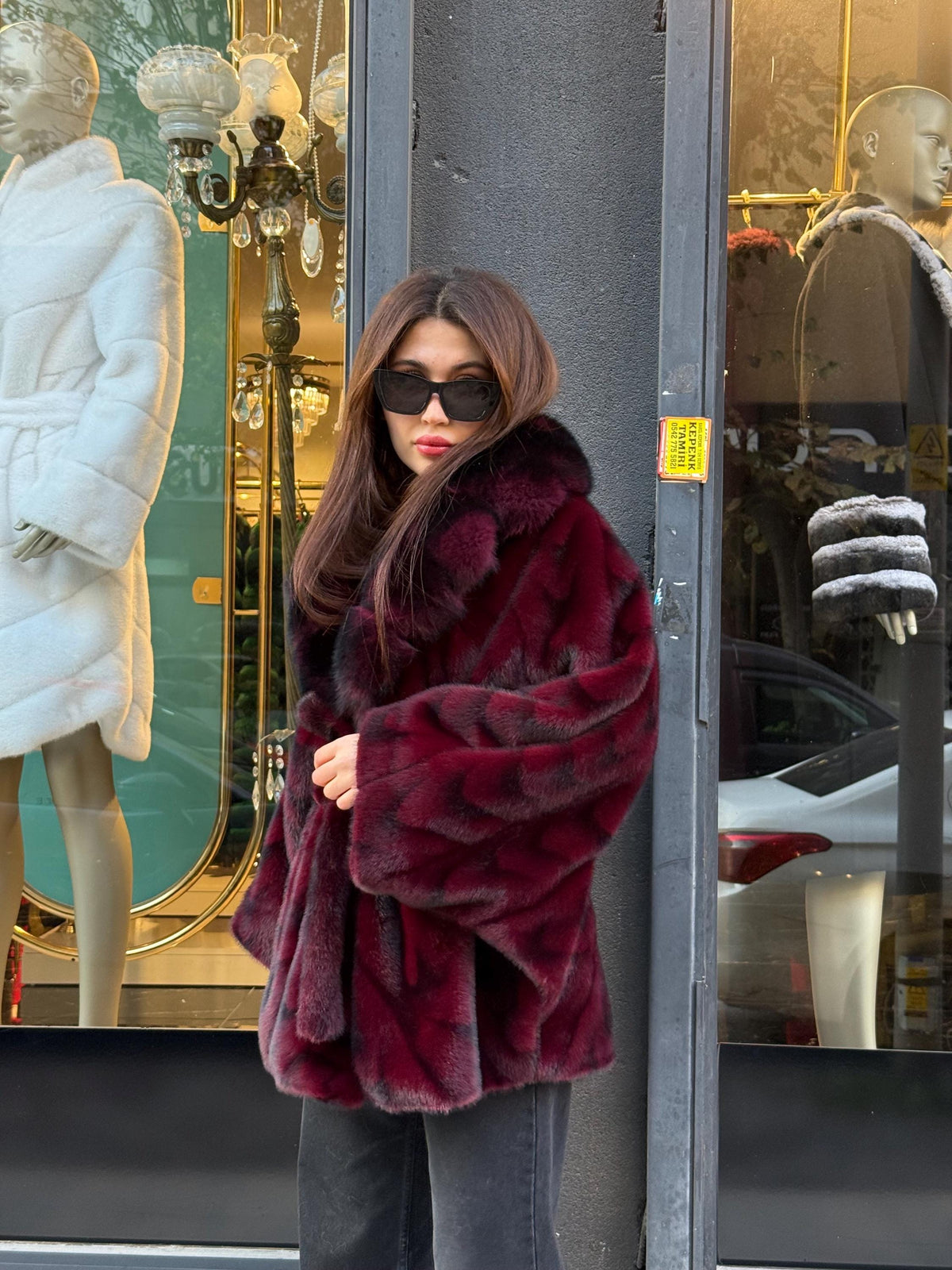 Burgundy Faux Mink Fur Cape - Collar Fox Fur Jacket. Women Fox Fur Jacket-.. Burgundy Fox Fur Jacket..- Fox Fur Cape