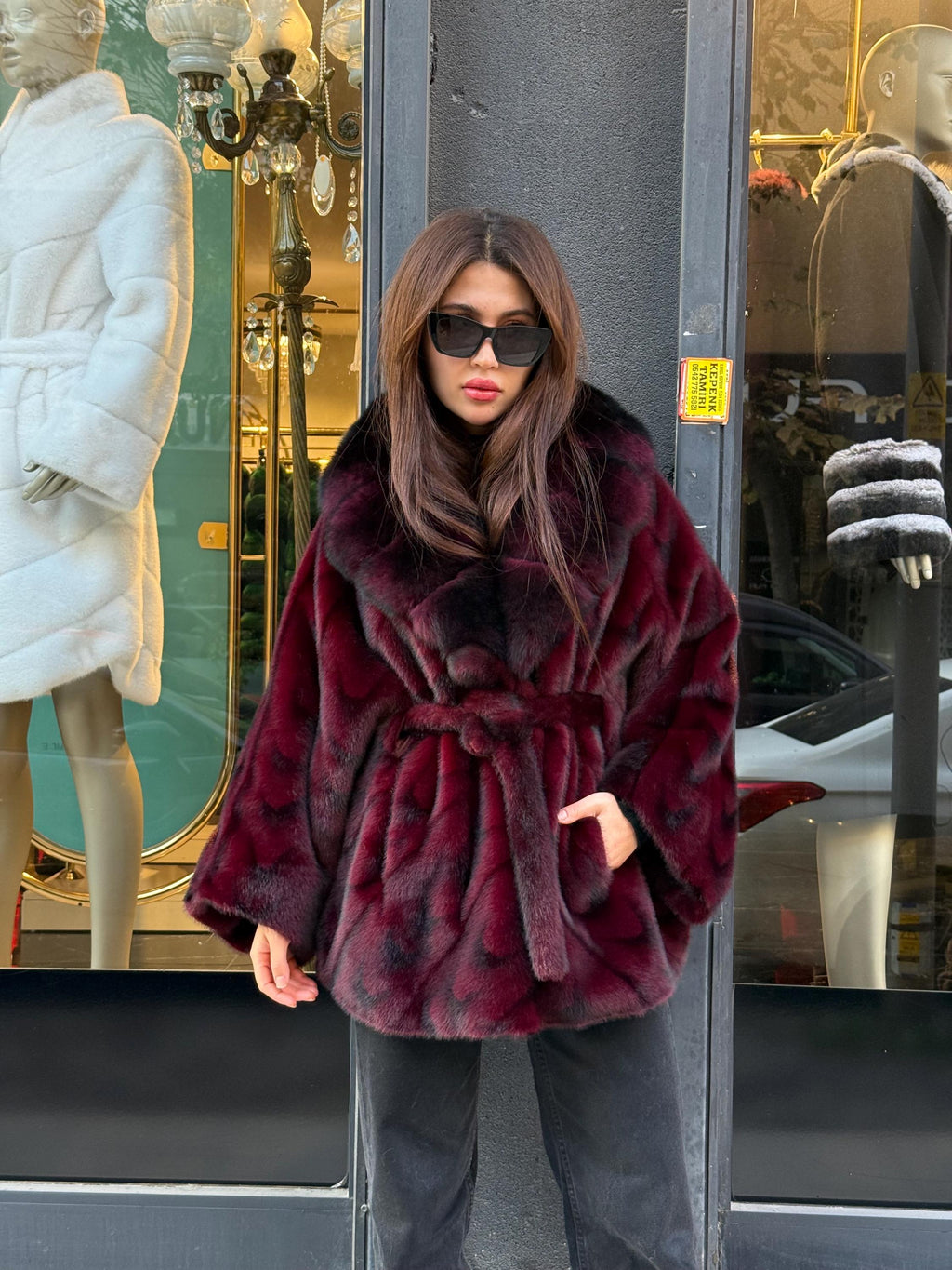 Burgundy Faux Mink Fur Cape - Collar Fox Fur Jacket. Women Fox Fur Jacket-.. Burgundy Fox Fur Jacket..- Fox Fur Cape