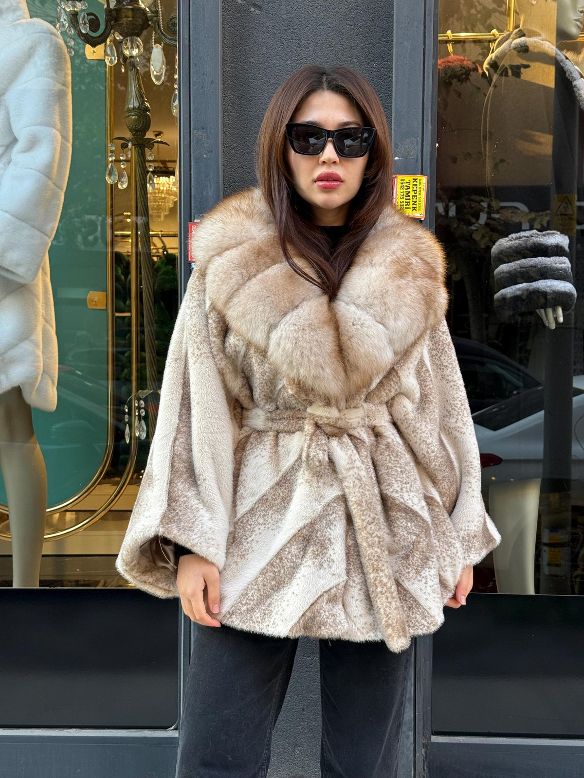 Beige Faux Mink Fur Cape - Collar Fox Fur Jacket. Women Fox Fur Jacket-.. Beige Fox Fur Jacket..- Fox Fur Cape