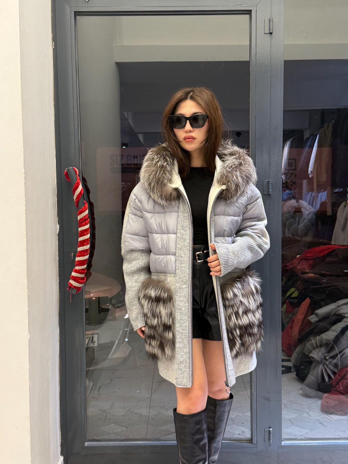Gray Plus Size Puffer Coat, Women Hood&Pockets Fox Fur Jacket, Oversized Fox Fur Coat, Alpaca Wool Coat. Fox Fur Jacket