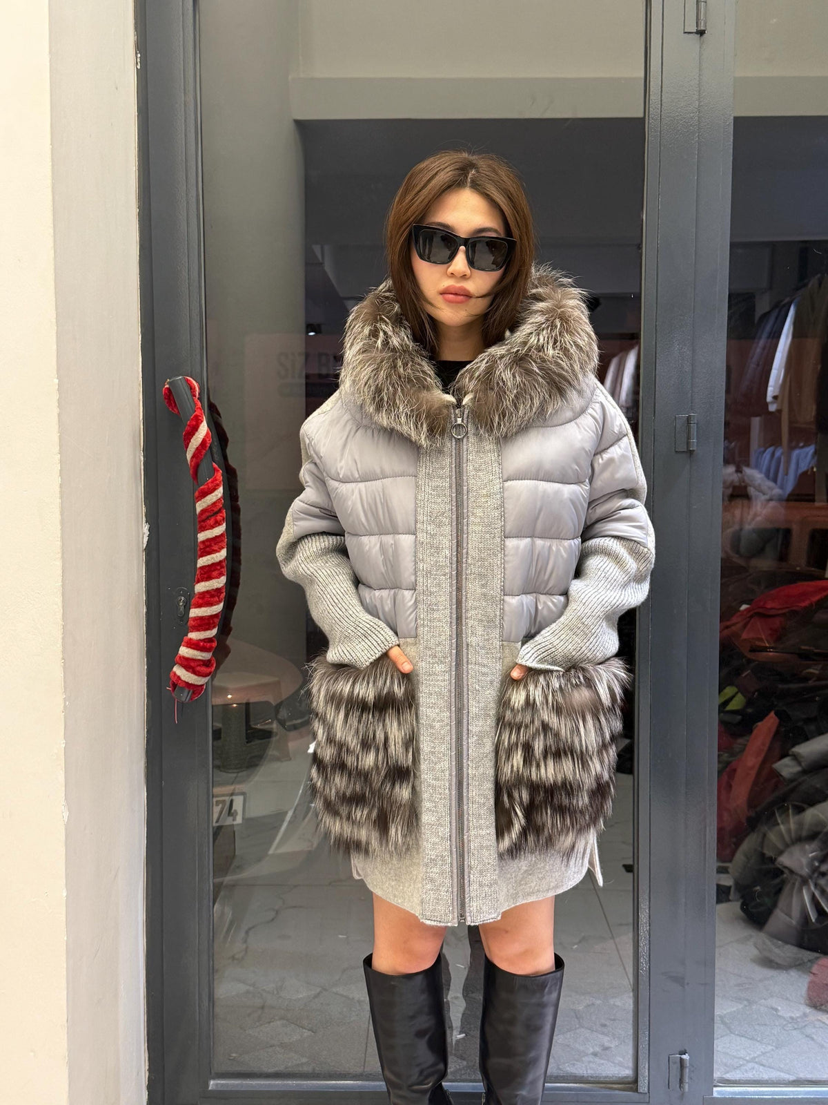 Gray Plus Size Puffer Coat, Women Hood&Pockets Fox Fur Jacket, Oversized Fox Fur Coat, Alpaca Wool Coat. Fox Fur Jacket