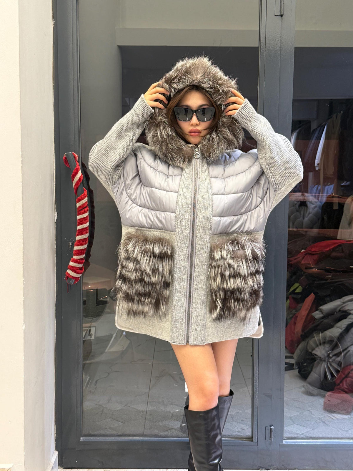 Gray Plus Size Puffer Coat, Women Hood&Pockets Fox Fur Jacket, Oversized Fox Fur Coat, Alpaca Wool Coat. Fox Fur Jacket