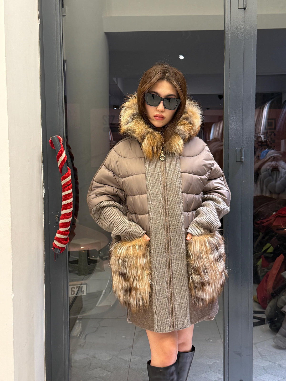 Mause Plus Size Puffer Coat, Women Hood&Pockets Fox Fur Jacket, Oversized Fox Fur Coat, Alpaca Wool Coat. Fox Fur Jacket