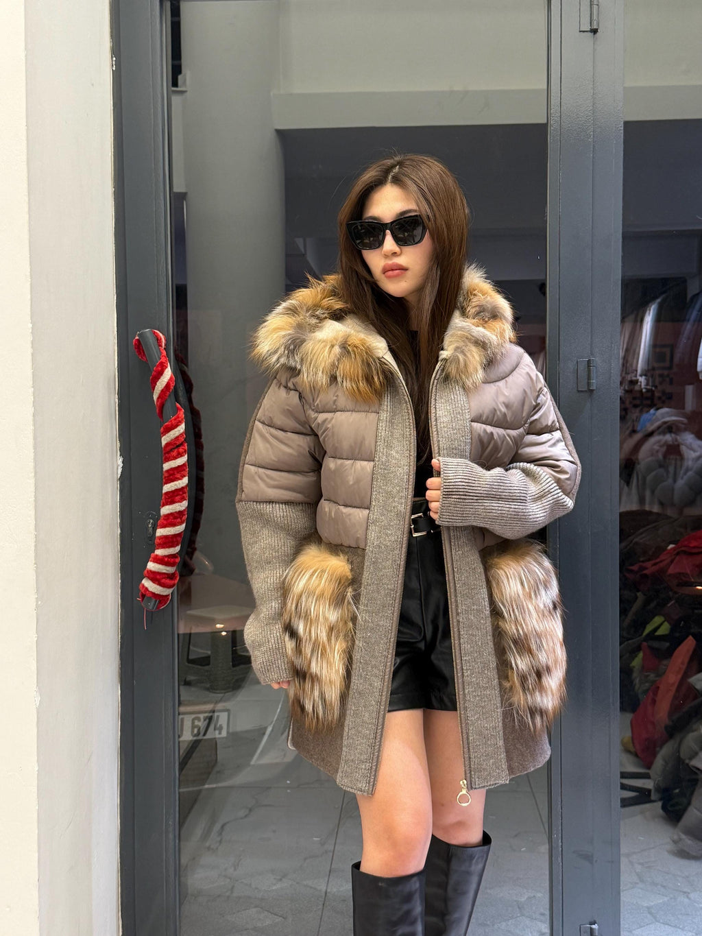Mause Plus Size Puffer Coat, Women Hood&Pockets Fox Fur Jacket, Oversized Fox Fur Coat, Alpaca Wool Coat. Fox Fur Jacket