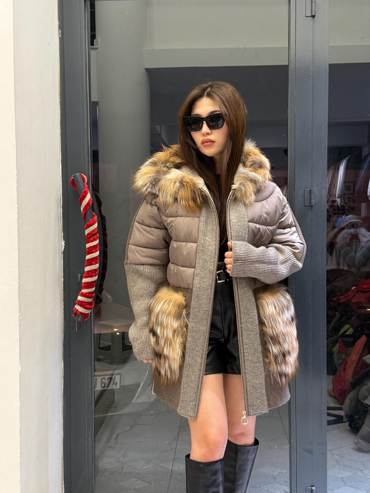 Mause Plus Size Puffer Coat, Women Hood&Pockets Fox Fur Jacket, Oversized Fox Fur Coat, Alpaca Wool Coat. Fox Fur Jacket