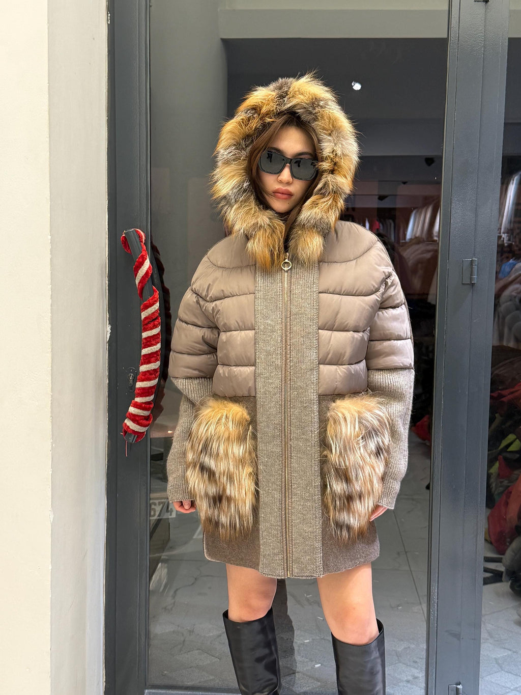 Mause Plus Size Puffer Coat, Women Hood&Pockets Fox Fur Jacket, Oversized Fox Fur Coat, Alpaca Wool Coat. Fox Fur Jacket