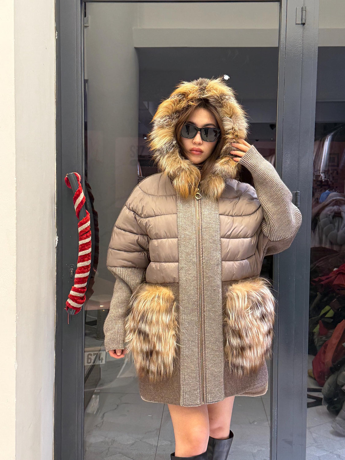 Mause Plus Size Puffer Coat, Women Hood&Pockets Fox Fur Jacket, Oversized Fox Fur Coat, Alpaca Wool Coat. Fox Fur Jacket