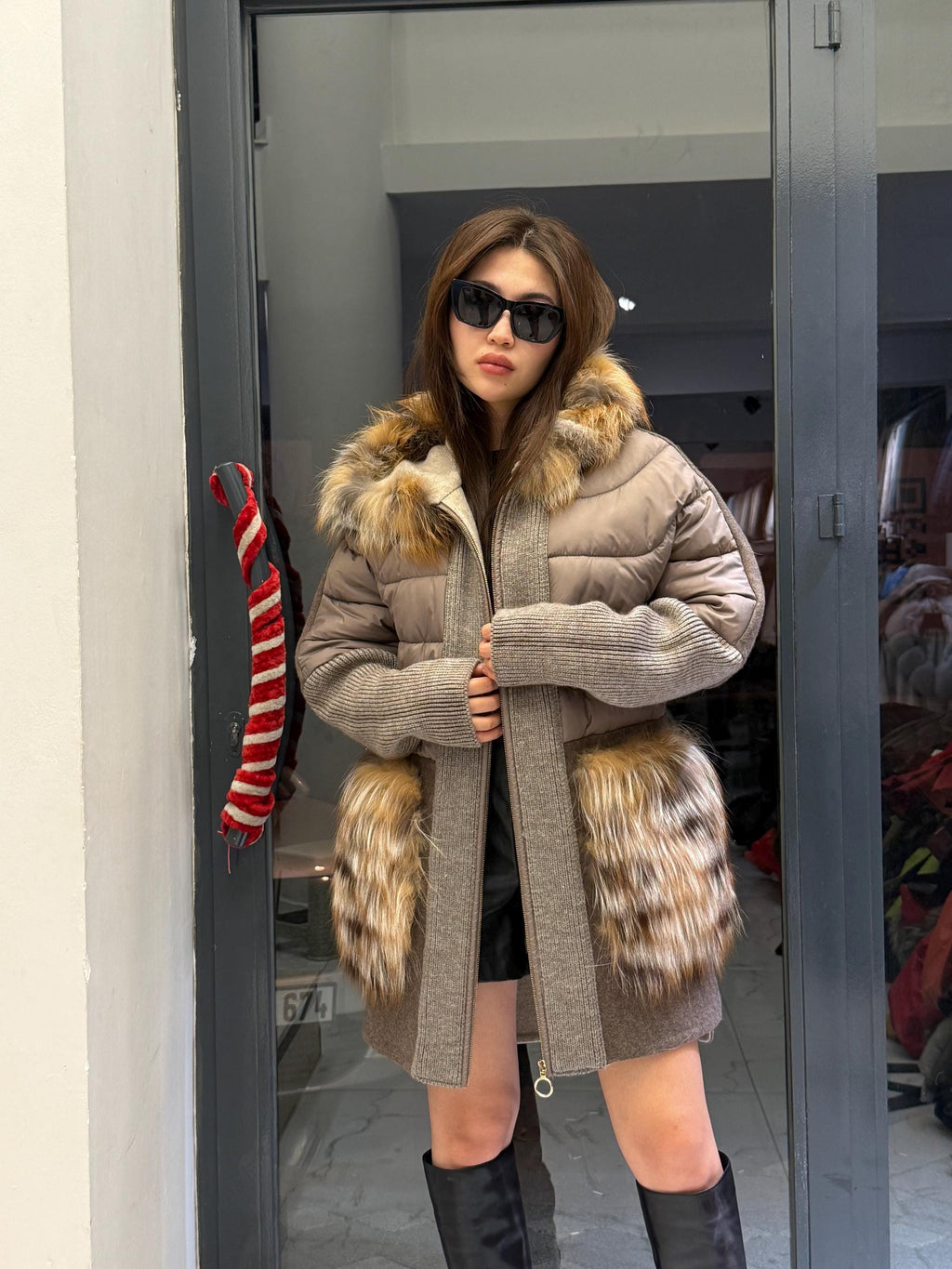 Mause Plus Size Puffer Coat, Women Hood&Pockets Fox Fur Jacket, Oversized Fox Fur Coat, Alpaca Wool Coat. Fox Fur Jacket