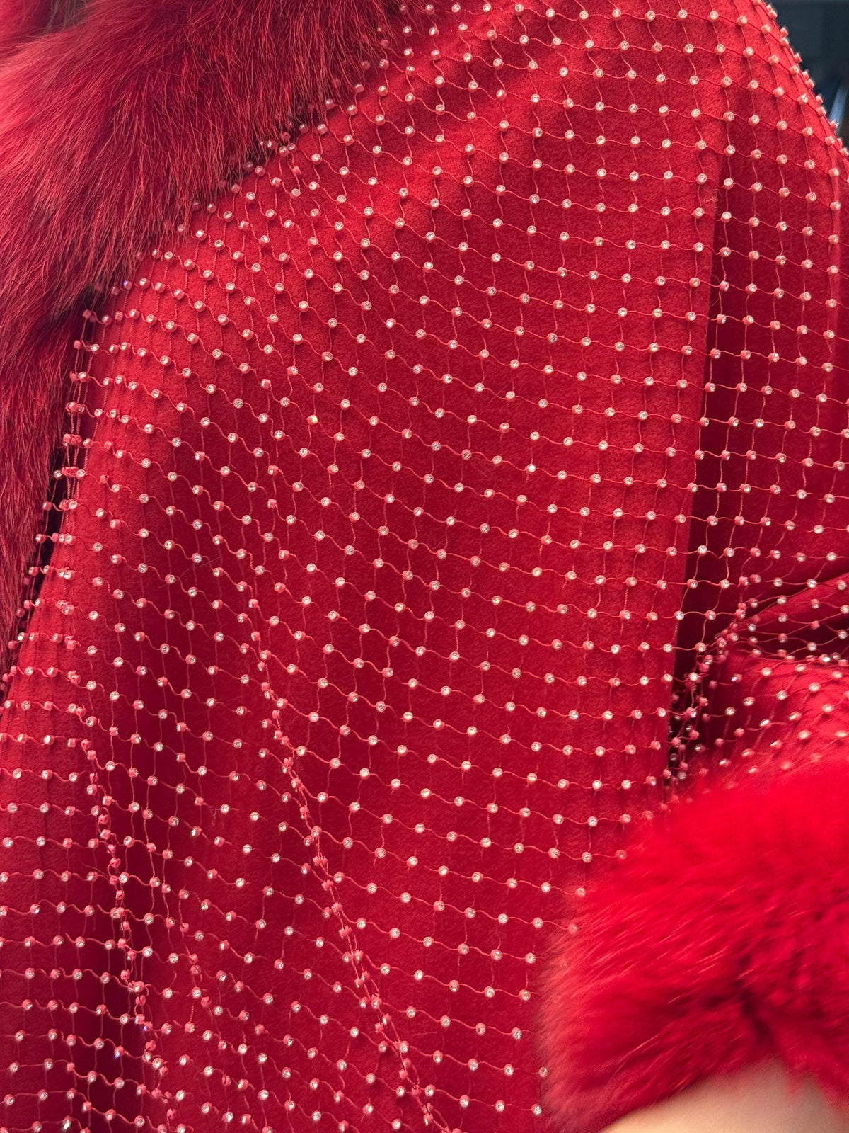 Red Cashmere Cape With Fox Fur, Front Skirt Fox Fur Jacket, Red Christmas Fantasy Cape, Women Fox Fur Jacket