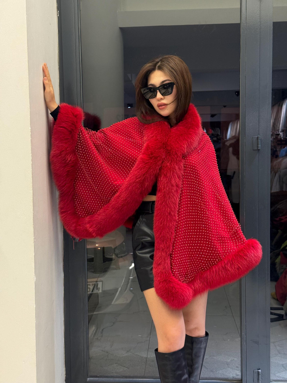 Red Cashmere Cape With Fox Fur, Front Skirt Fox Fur Jacket, Red Christmas Fantasy Cape, Women Fox Fur Jacket