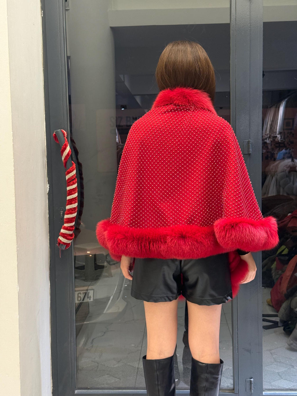 Red Cashmere Cape With Fox Fur, Front Skirt Fox Fur Jacket, Red Christmas Fantasy Cape, Women Fox Fur Jacket