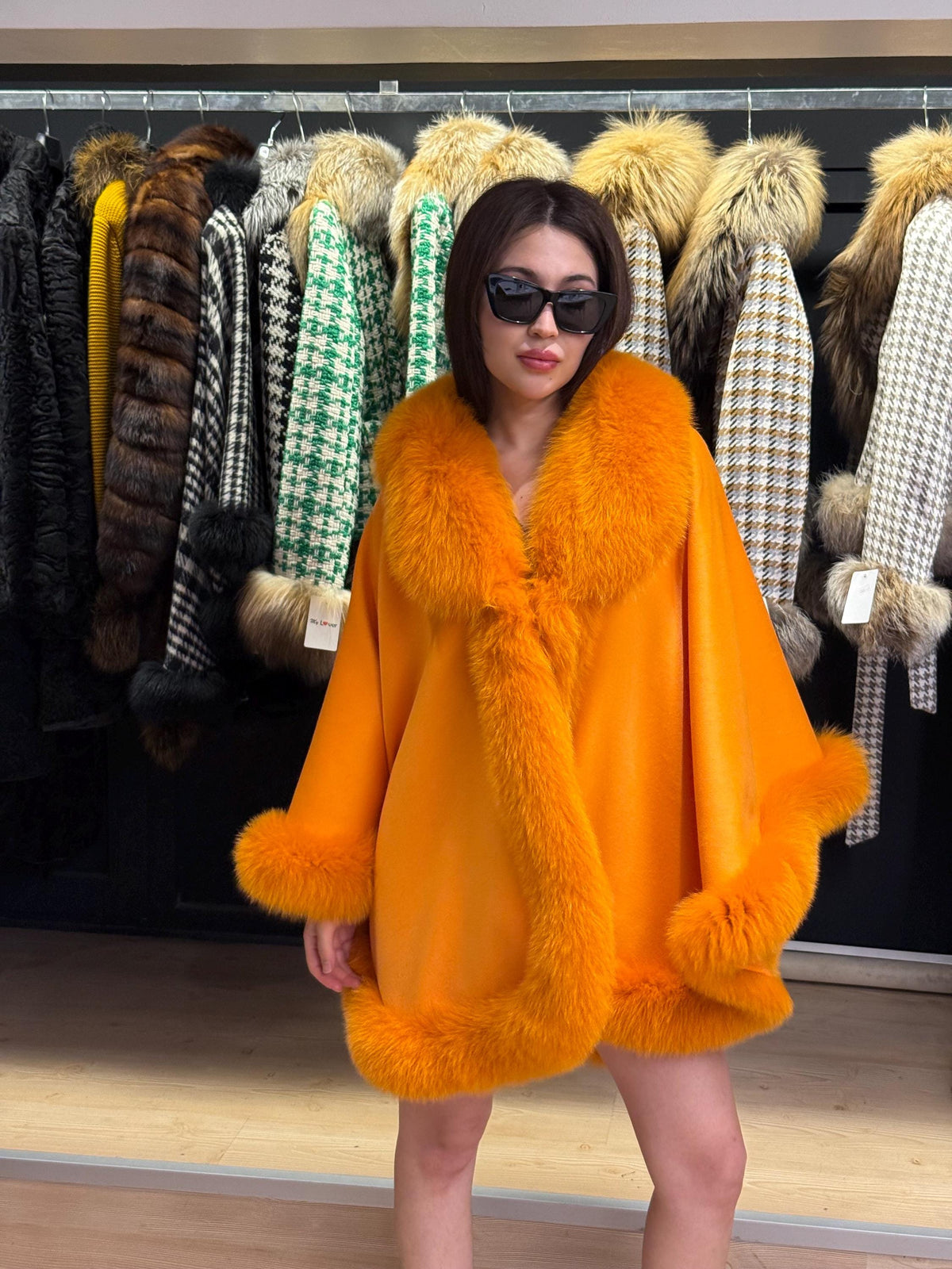 Orange Wool Cashmere Cape With Fox Fur Trim, Front Skirt Fox Fur Jacket, Women Fox Fur Jacket.- Orange Fox Fur Jacket