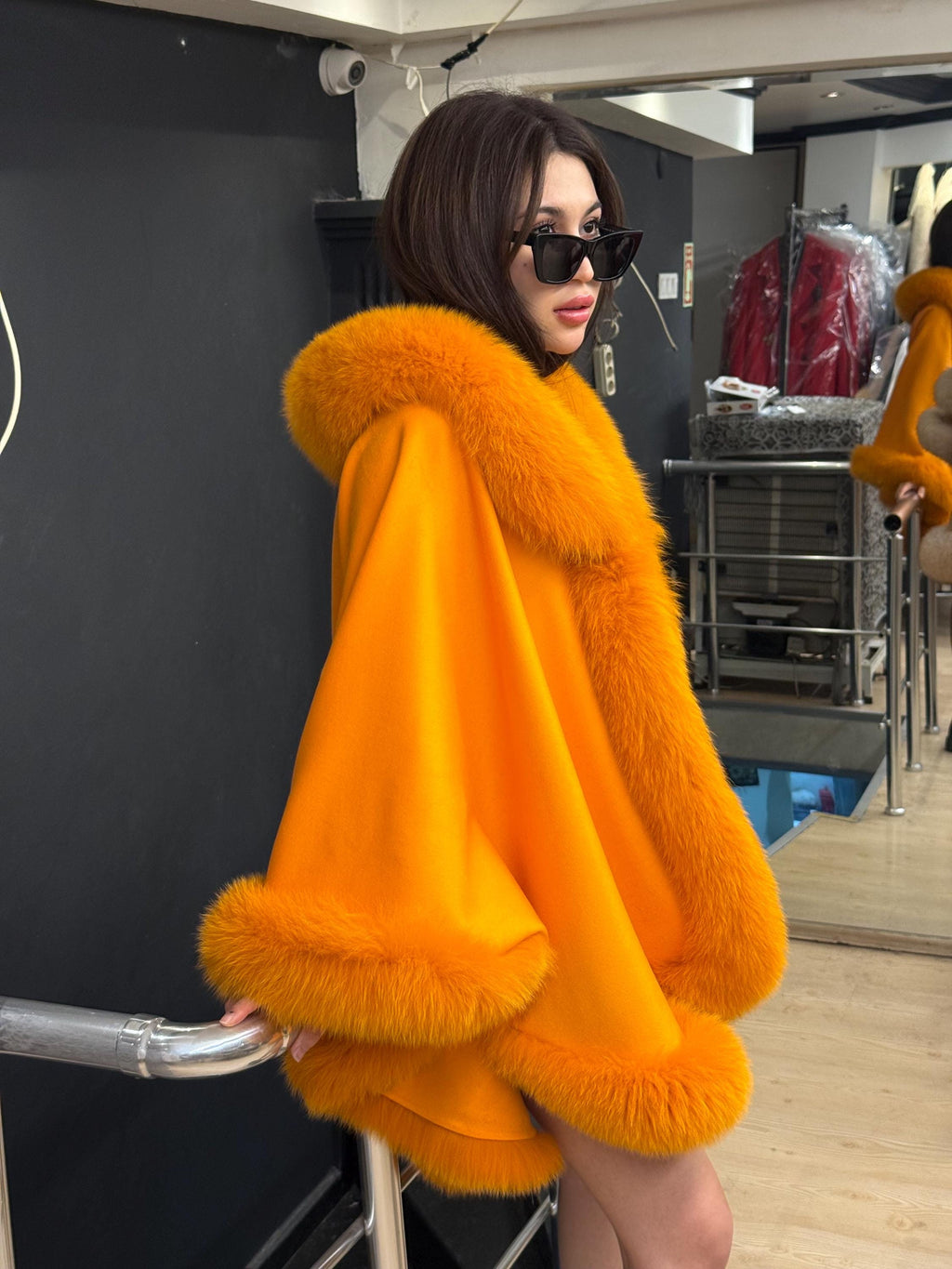 Orange Wool Cashmere Cape With Fox Fur Trim, Front Skirt Fox Fur Jacket, Women Fox Fur Jacket.- Orange Fox Fur Jacket