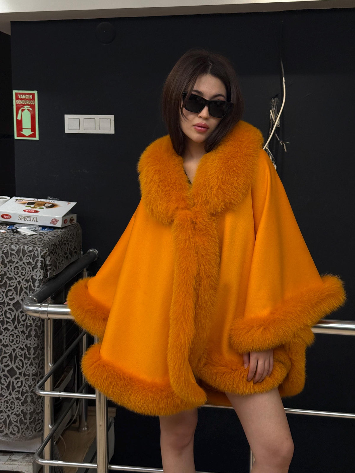 Orange Wool Cashmere Cape With Fox Fur Trim, Front Skirt Fox Fur Jacket, Women Fox Fur Jacket.- Orange Fox Fur Jacket