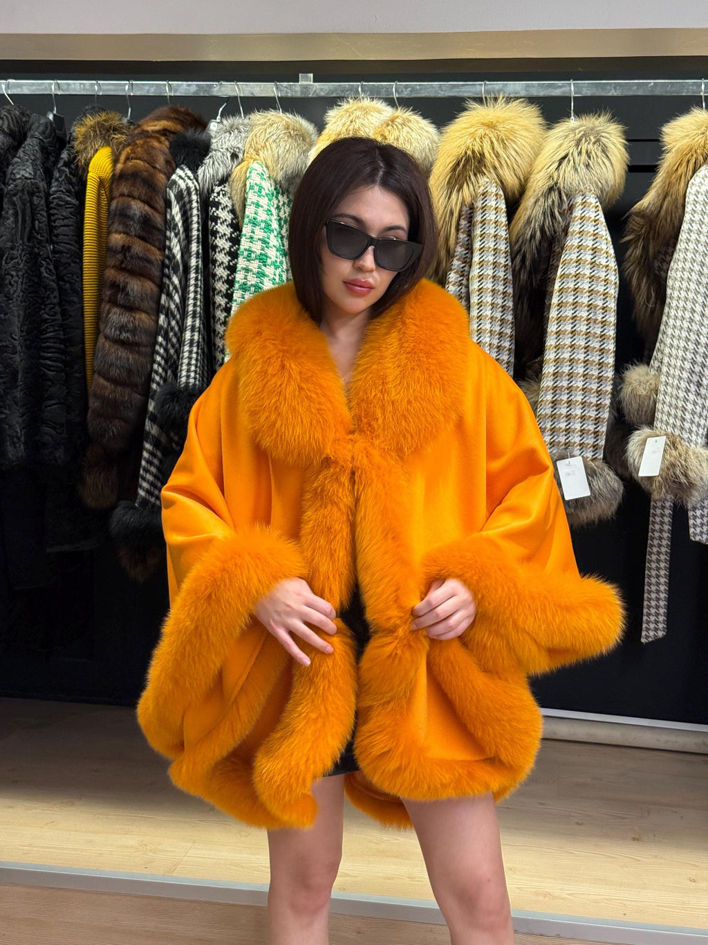 Orange Wool Cashmere Cape With Fox Fur Trim, Front Skirt Fox Fur Jacket, Women Fox Fur Jacket.- Orange Fox Fur Jacket