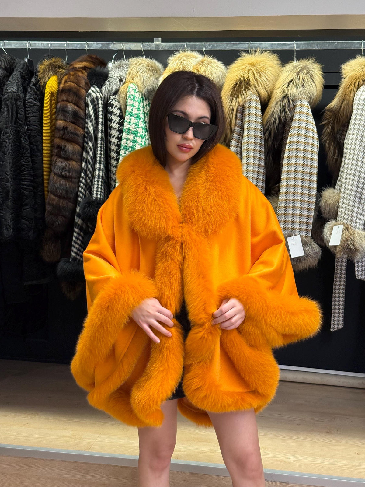 Orange Wool Cashmere Cape With Fox Fur Trim, Front Skirt Fox Fur Jacket, Women Fox Fur Jacket.- Orange Fox Fur Jacket