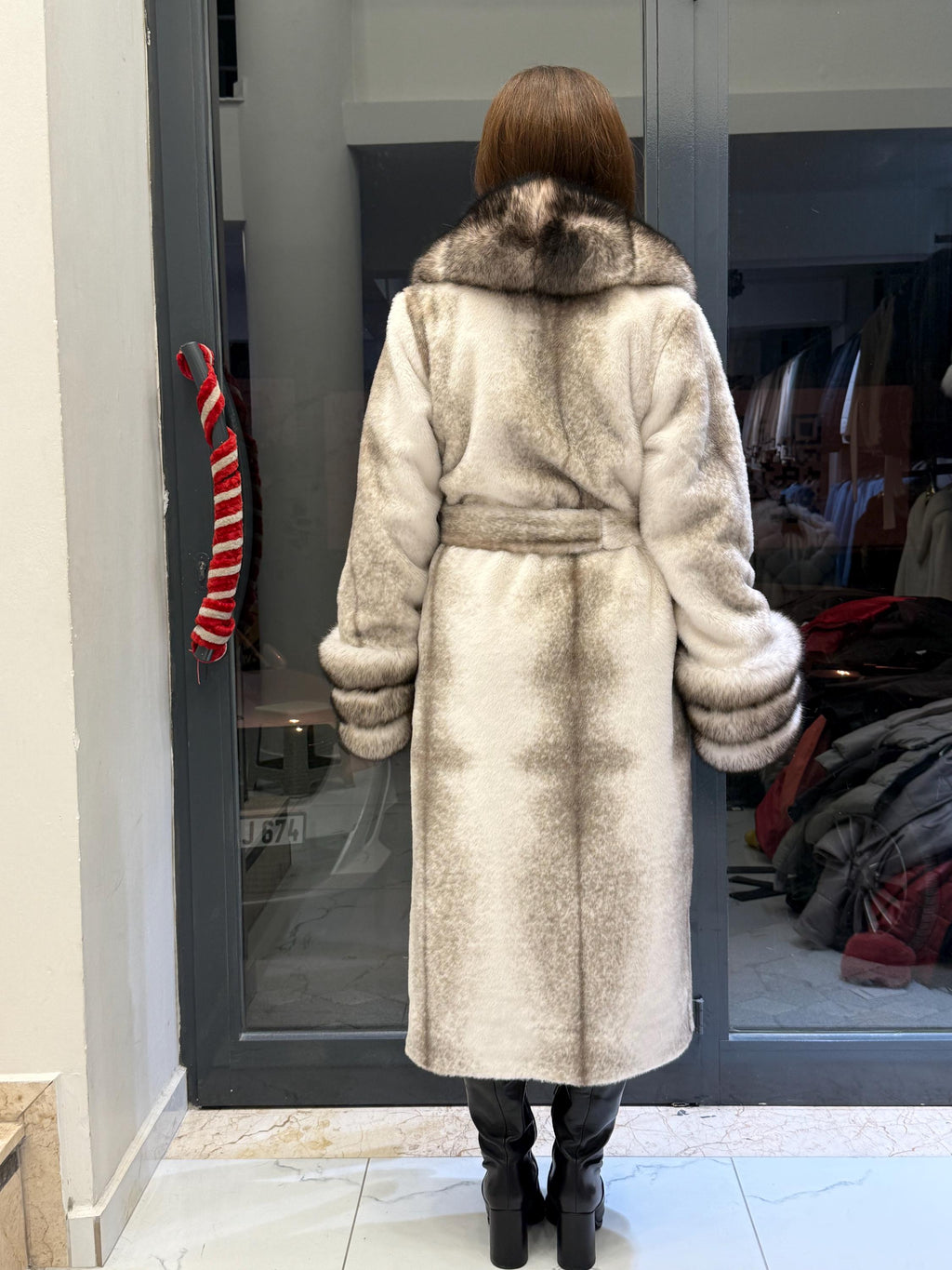 Luxury Women’s Long Beige Faux Mink Coat with Genuine Fox Fur Collar & Cuffs | Winter Fox Fur Jacket