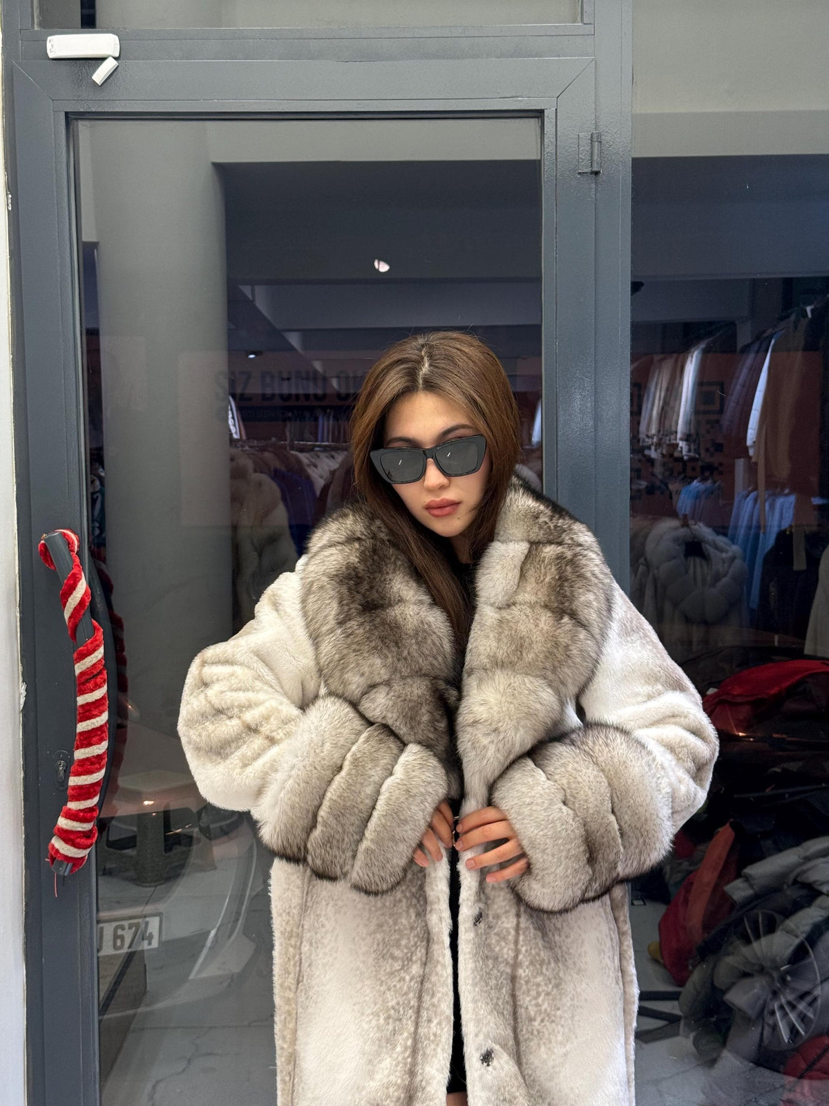 Luxury Women’s Long Beige Faux Mink Coat with Genuine Fox Fur Collar & Cuffs | Winter Fox Fur Jacket
