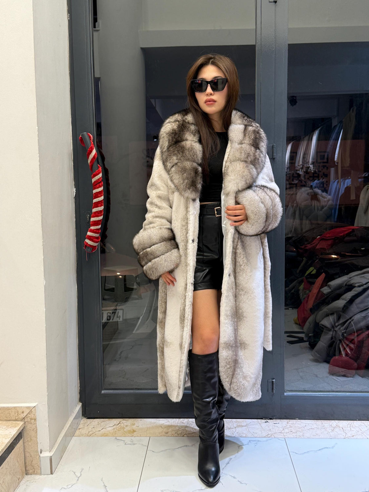 Luxury Women’s Long Beige Faux Mink Coat with Genuine Fox Fur Collar & Cuffs | Winter Fox Fur Jacket