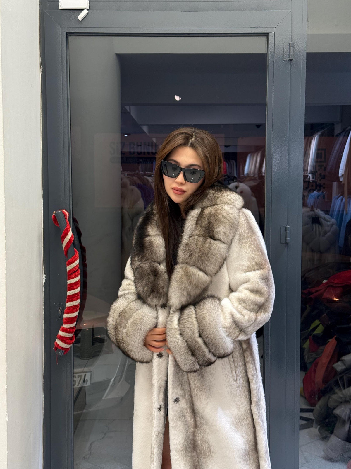Luxury Women’s Long Beige Faux Mink Coat with Genuine Fox Fur Collar & Cuffs | Winter Fox Fur Jacket