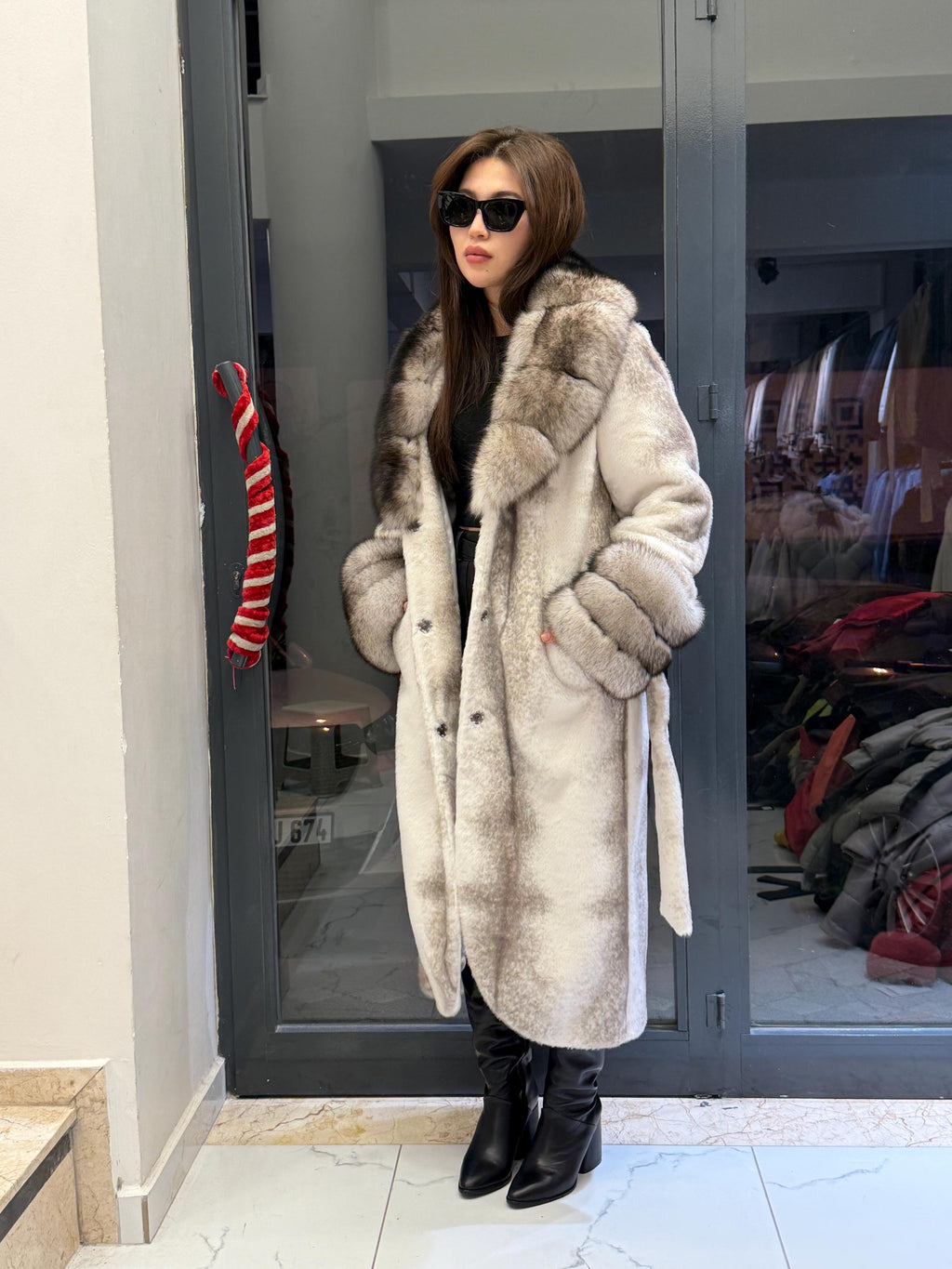 Luxury Women’s Long Beige Faux Mink Coat with Genuine Fox Fur Collar & Cuffs | Winter Fox Fur Jacket