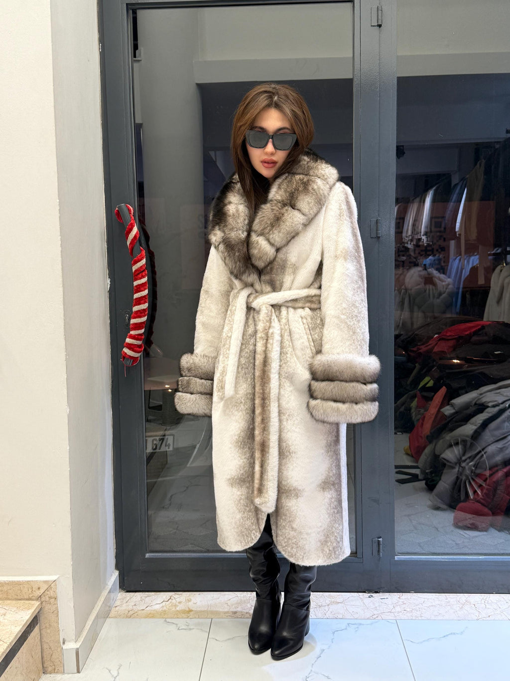 Luxury Women’s Long Beige Faux Mink Coat with Genuine Fox Fur Collar & Cuffs | Winter Fox Fur Jacket